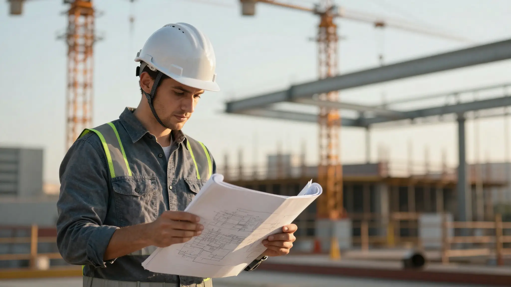 مهندس يرتدي خوذة السلامة ويراجع المخططات الهندسية في موقع بنية تحتية حديث